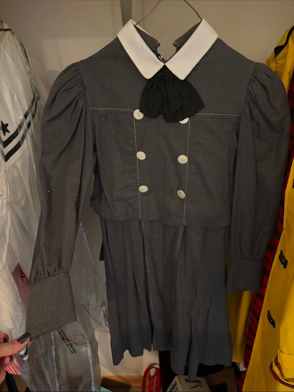 American Girl Grey Pleated Dress with White Collar and Black Bow